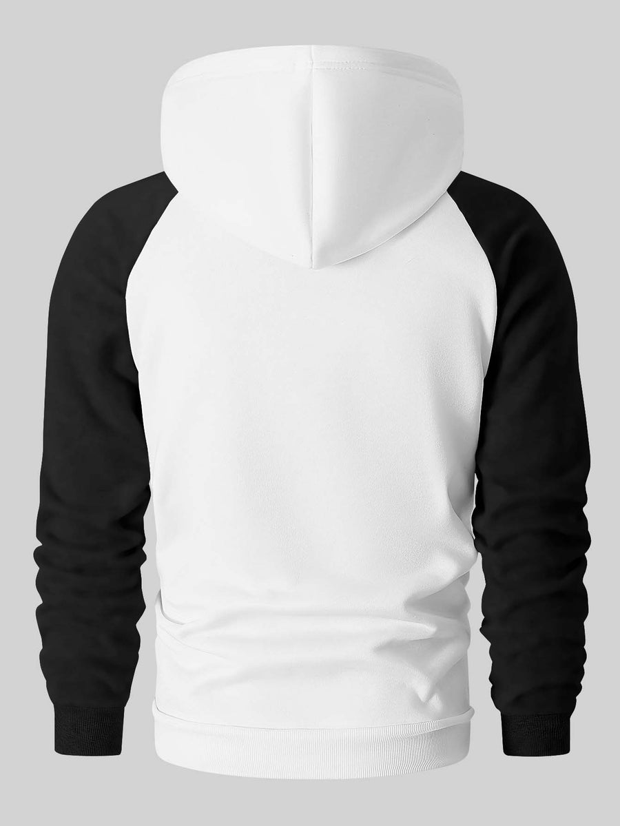 Men's Trendy Patchwork Print Hooded Sweatshirt, Casual Daily Wear Sporty Pullover, Autumn Essentials - Light White+Black Color
