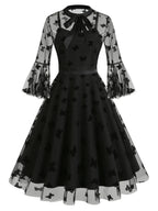 Vintage Mesh Embroidered Patchwork Mid-Sleeve Gothic Dark Evening Gown, for Gatherings, Parties, Dress, Evening Dress, Gown - Black Butterfly