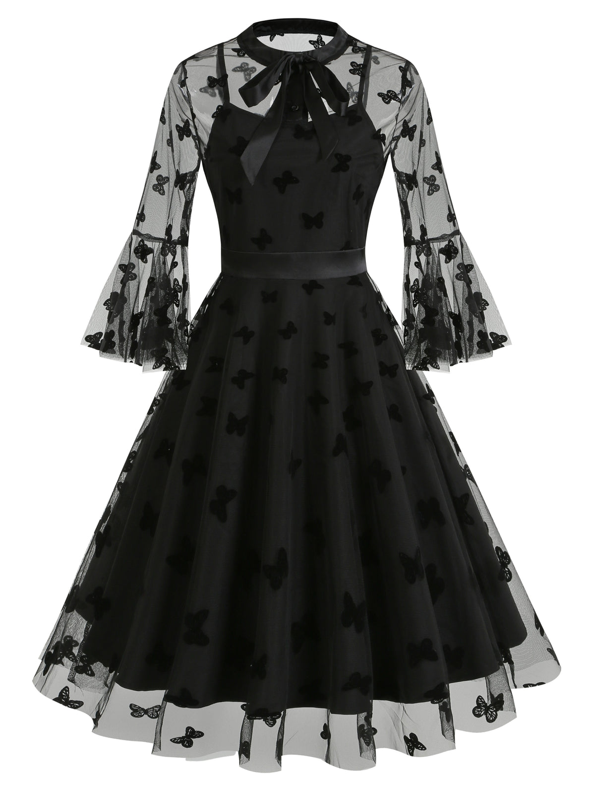 Vintage Mesh Embroidered Patchwork Mid-Sleeve Gothic Dark Evening Gown, for Gatherings, Parties, Dress, Evening Dress, Gown - Black Butterfly