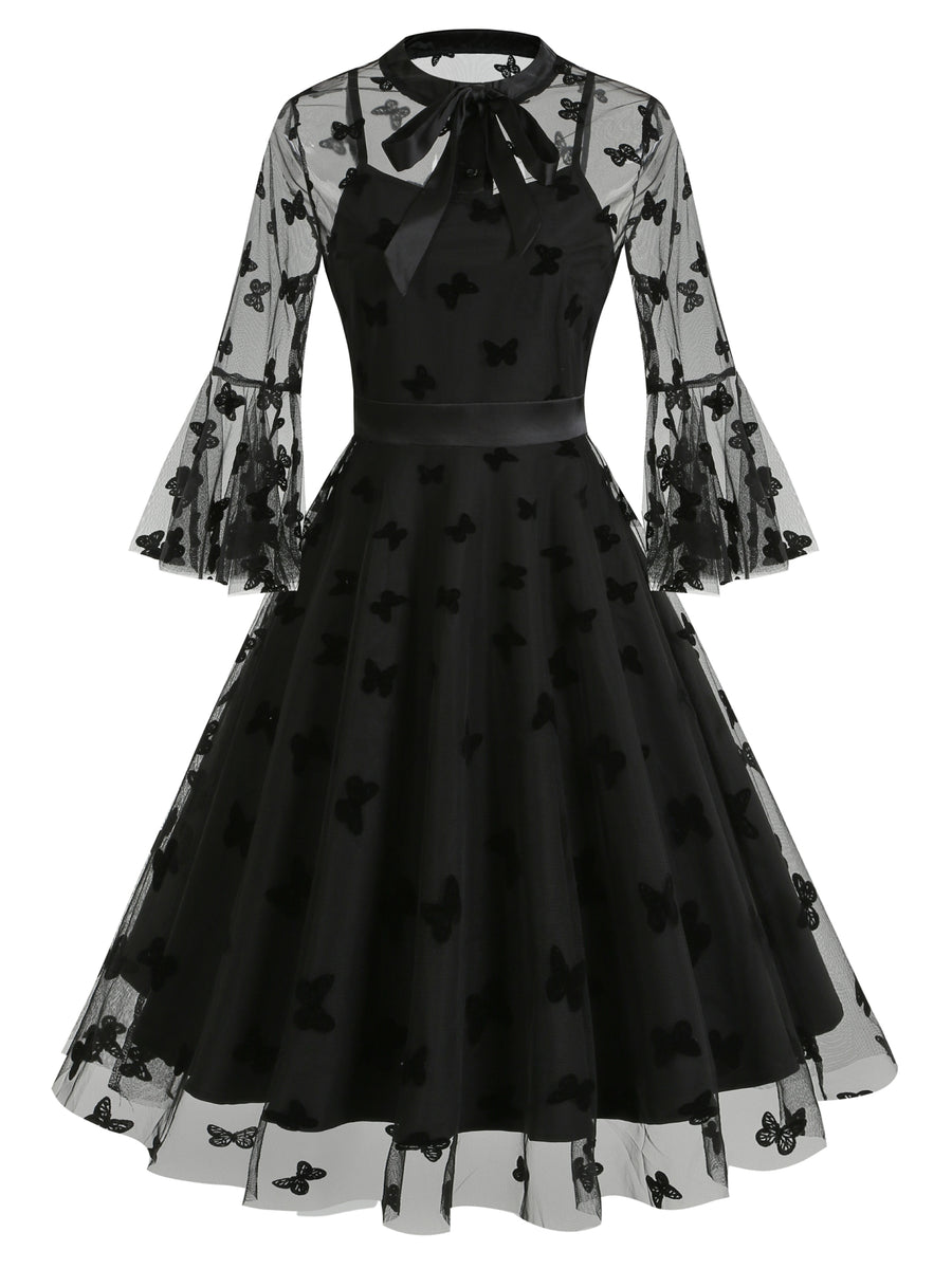 Vintage Mesh Embroidered Patchwork Mid-Sleeve Gothic Dark Evening Gown, for Gatherings, Parties, Dress, Evening Dress, Gown - Black Butterfly