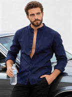 Men'S And Linen Button-Up Shirt, Casual Stand-Up Collar Long Sleeve Shirt, Men'S Beach Vacation/Daily Wear/Outdoor Travel/Home Walking/Weekend Outings, Dates, Gatherings, Office Casual Outdoor Wear (Shirt) - Navy Color