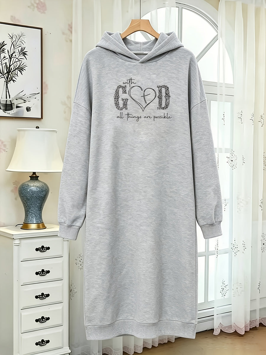 Autumn and Winter Women's Fashion Casual -lined Thickened Pullover Long Sleeve European and American Hooded Sweatshirt with Print Sweatshirt Long Trendy Casual Versatile - Grey