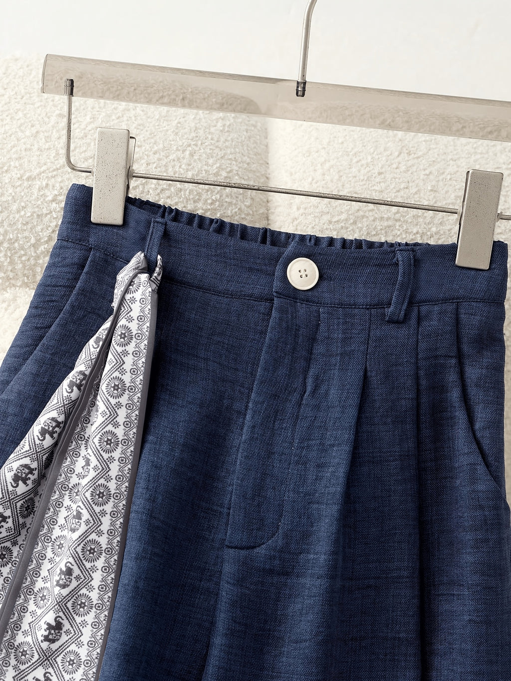 Women's Navy Blue Exquisite Pleated Wide-Leg Casual Pants with Pockets, Adorned with an Elegant Printed Trim Band, Suitable for Daily Leisure, Vacations, Formal Occasions, Birthday Gifts, Spring/Summer Wear ASD1 - Sea Blue