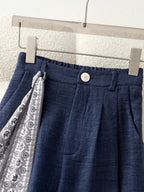 Women's Navy Blue Exquisite Pleated Wide-Leg Casual Pants with Pockets, Adorned with an Elegant Printed Trim Band, Suitable for Daily Leisure, Vacations, Formal Occasions, Birthday Gifts, Spring/Summer Wear ASD1 - Sea Blue