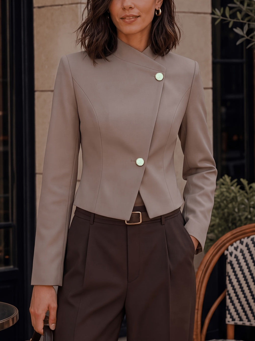 New Style Stand-Up Collar Irregular Slanted Lapel Suit, Solid Color Long Sleeve Cropped Waist-Defined Blazer with Lining - Taupe