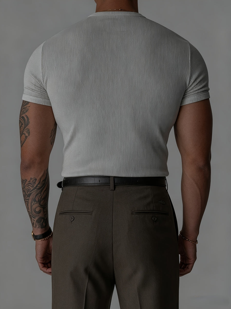 [Shule Water OBM] Men'S Ribbed Henley T-Shirt, Short Sleeve Slim Fit Base Layer Top, Textured Street Style Shirt, Fitness Commute Versatile Style, 2026 Summer New - White