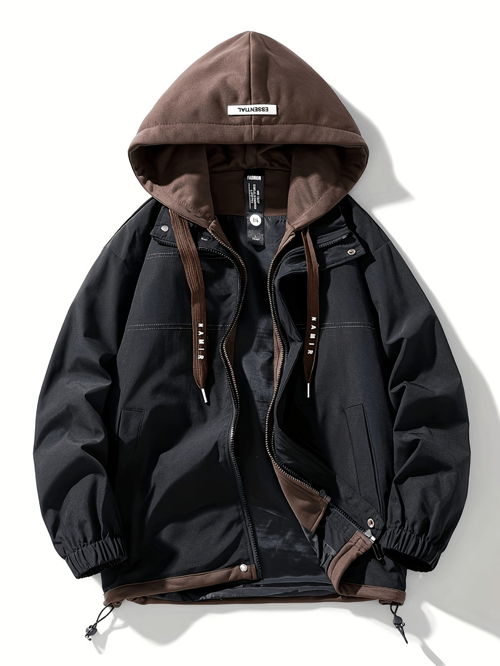 Autumn Winter Men'S New Faux Two-Piece Jacket with Hooded Trench Coat Cargo Jacket Couple Style Coat Casual Color-Block Design, Zipper with Drawstring And Pockets, All-Match Fashion - Black