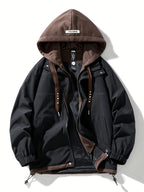 Autumn Winter Men'S New Faux Two-Piece Jacket with Hooded Trench Coat Cargo Jacket Couple Style Coat Casual Color-Block Design, Zipper with Drawstring And Pockets, All-Match Fashion - Black