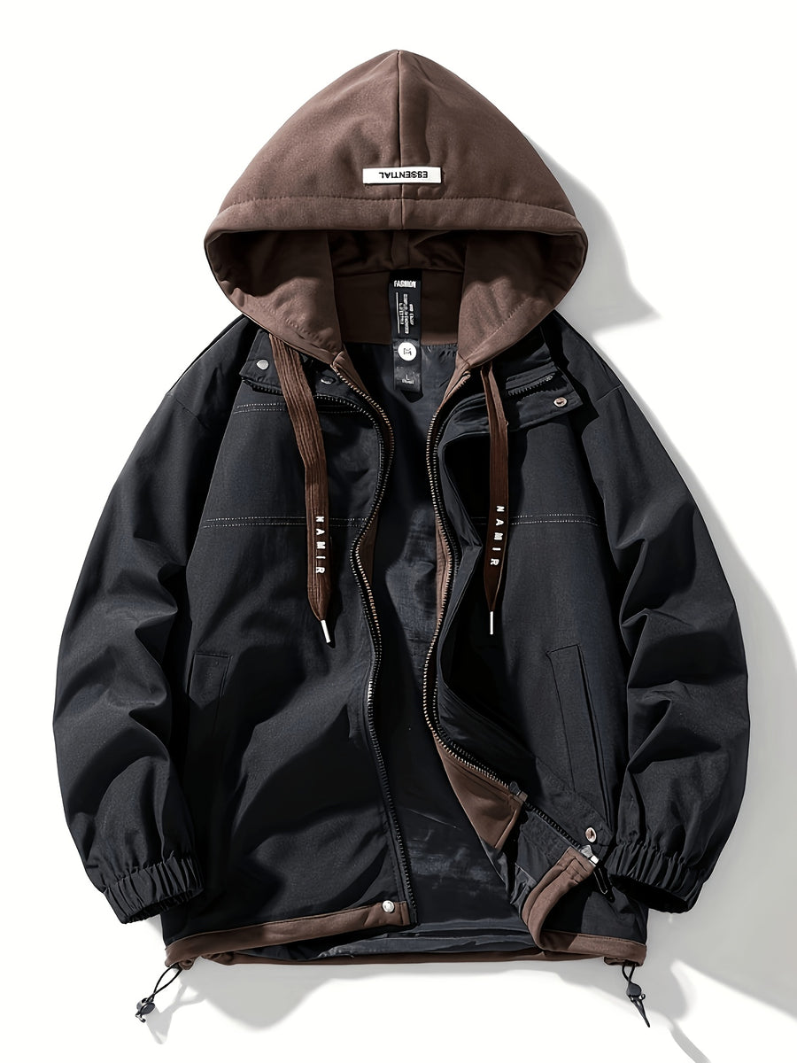 Autumn Winter Men'S New Faux Two-Piece Jacket with Hooded Trench Coat Cargo Jacket Couple Style Coat Casual Color-Block Design, Zipper with Drawstring And Pockets, All-Match Fashion - Black