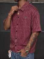 Bohemian Style Men'S Short Sleeve Shirt, Thick Needle Jacquard Geometric Print, Loose Lapel Casual Top Jacket, Summer Breathable - Brick Red