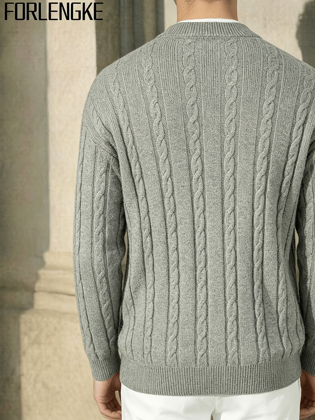 FORLENGKE 2026 New Men's Business Casual Crew Neck Cable Knit Sweater, Soft Warm Long Sleeve Pullover for Fall Winter Office Daily Wear - Apricot Flower