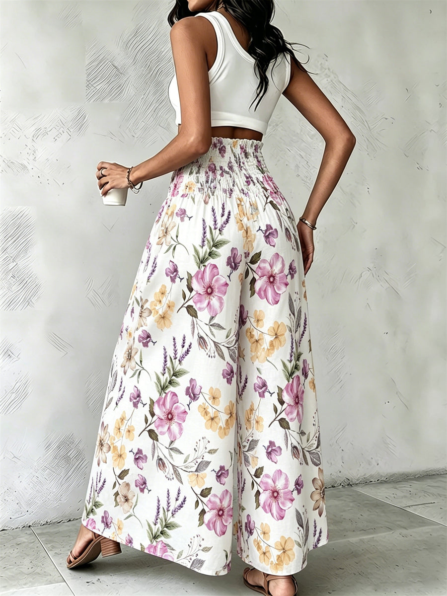 Women'S Floral Print Wide-Leg Pants High-Waist Ruched Waist Bohemian Style Long Trousers Flowy Vacation Pants - Multicolor 2