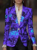 New Fashion Fluorescent Letter Graffiti Print Stylish Commuter Waist-Cinching Suit Jacket with Lining and Pockets - Fluorescent Purple