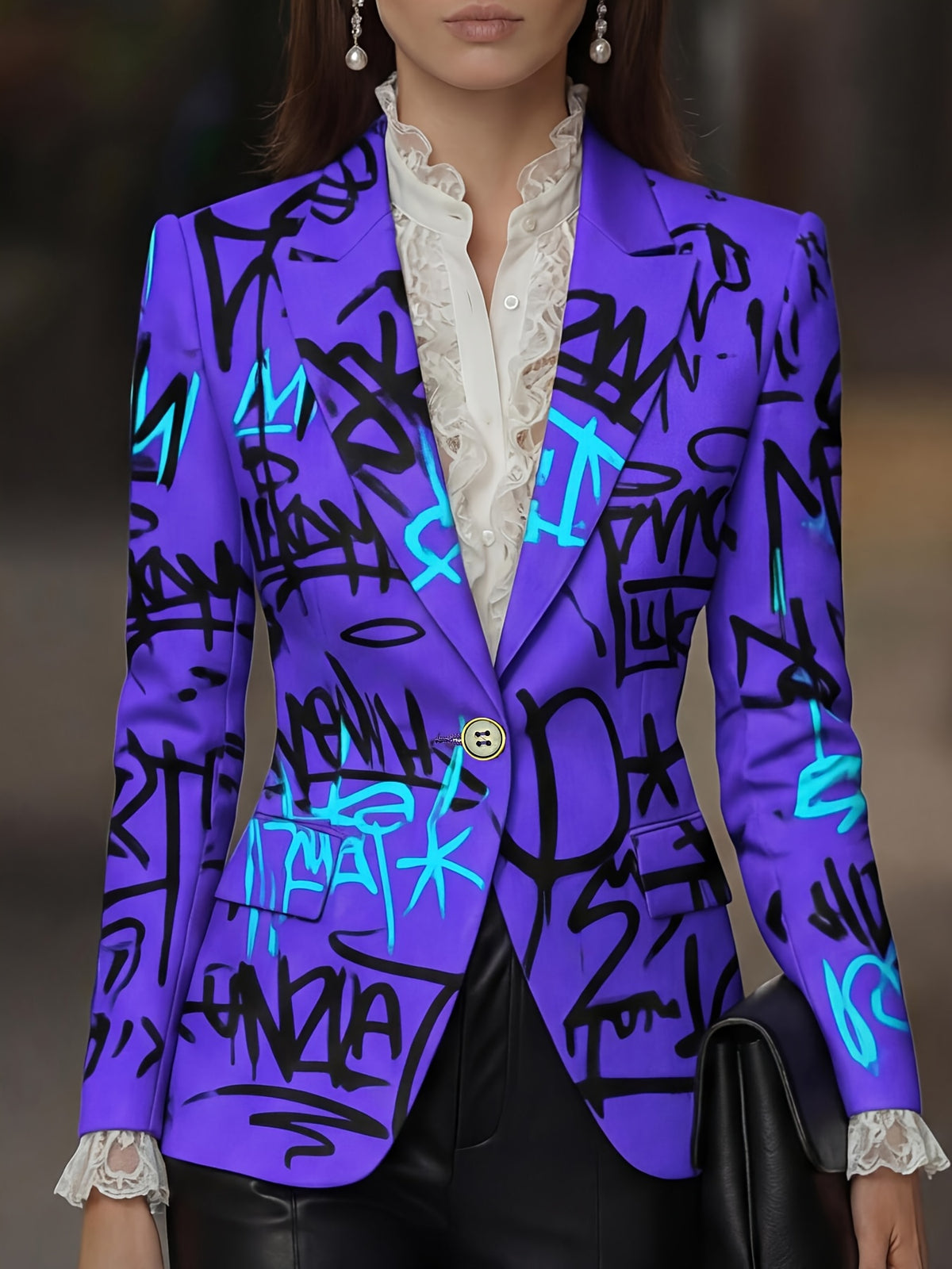 New Fashion Fluorescent Letter Graffiti Print Stylish Commuter Waist-Cinching Suit Jacket with Lining and Pockets - Fluorescent Purple