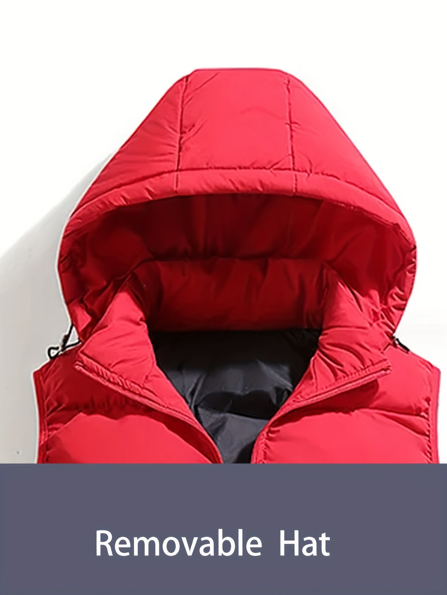 Men'S Autumn Winter Solid Color Vest, Outdoor Casual Fashion Thickened Waistcoat, Quilted Casual Warm Jacket with Removable Hood, Zippered Pockets, Men'S Cold Weather Jacket Top. Suitable for Multi-Scene Wear - Red