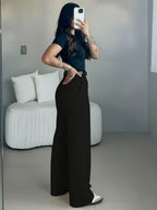Elegant Easy Design Flare Pants for Women | Chic Solid Color, Suitable for Commuting, Office, and Casual Attire Not Included (excluding Belt) - Black