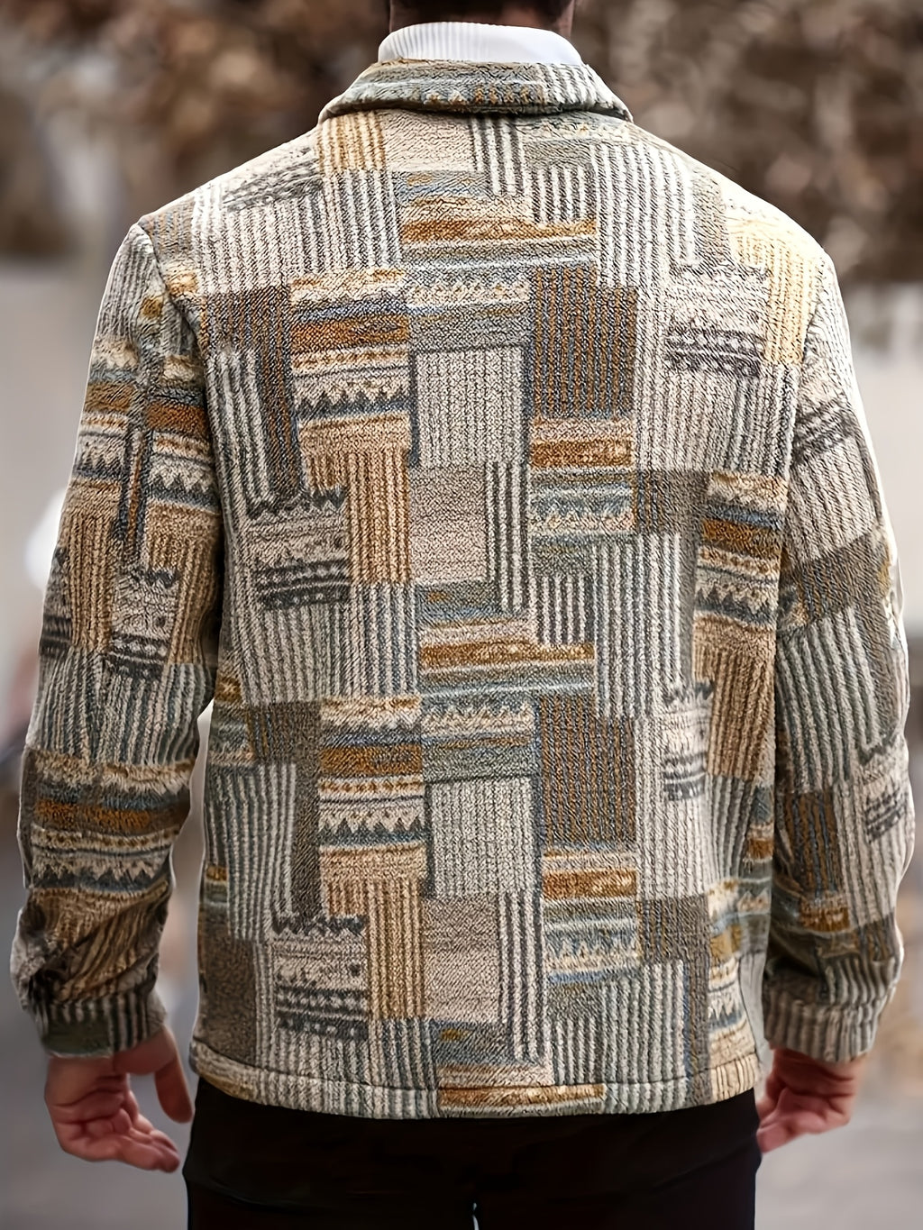 Men'S Geometric Pattern Long Sleeve Single Button Pocket Casual Jacket, Suitable for Autumn Winter Spring, Men'S Retro Style Jacket - Olive