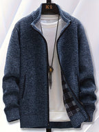 1pc Single Piece Men'S Autumn And Winter Stand Up Collar Knitted Sweater Jacket, Autumn And Winter Knitted Sweater Zipper Cardigan, Casual Thick Warm Sweater Jacket (Solely Includes 1 Jacket) - Navy Color