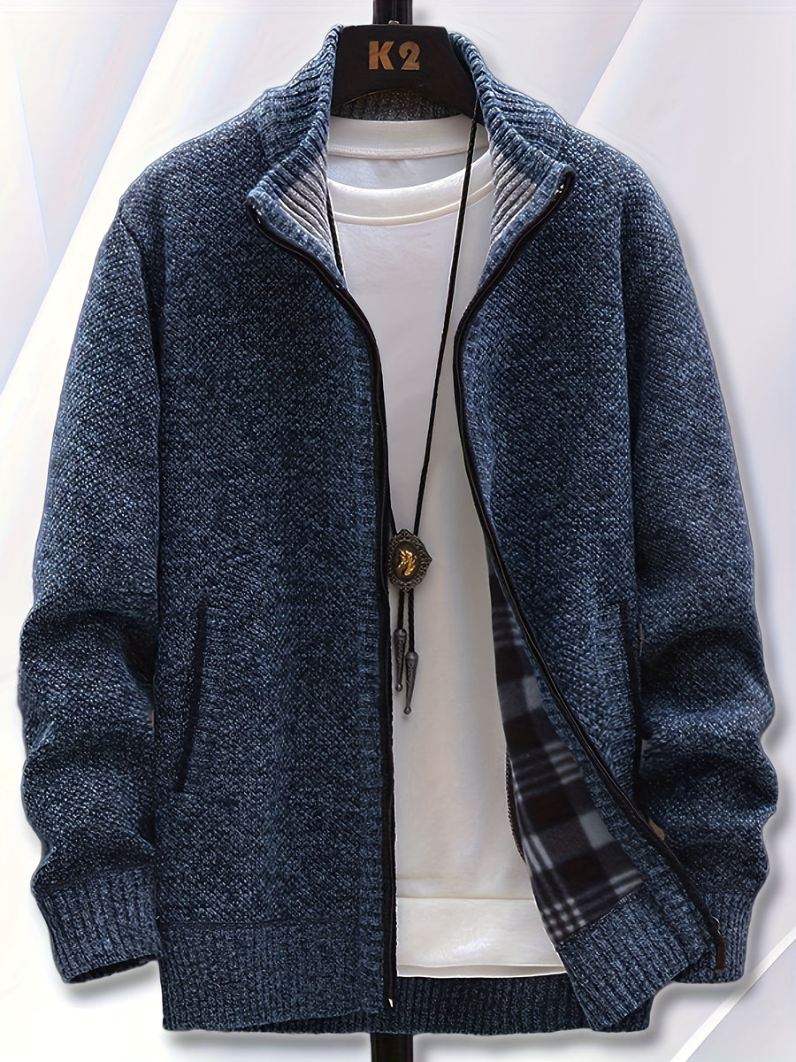 1pc Single Piece Men'S Autumn And Winter Stand Up Collar Knitted Sweater Jacket, Autumn And Winter Knitted Sweater Zipper Cardigan, Casual Thick Warm Sweater Jacket (Solely Includes 1 Jacket) - Navy Color