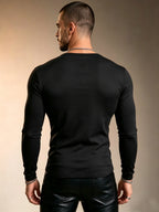 Men'S Mandarin Collar Long Sleeve T-Shirt, 3-Button Slim Fit Stretch Base Layer, Spring/Autumn Casual Athletic Top - Black
