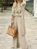 3pcs Set: Elegant Solid-color Cardigan, Turtleneck Base Layer, and Loose-fit Trousers—suitable for Multiple Occasions Such as Office Wear, Commuting, and Daily Elegance. Machine Washable for Autumn/winter Styles - Apricot