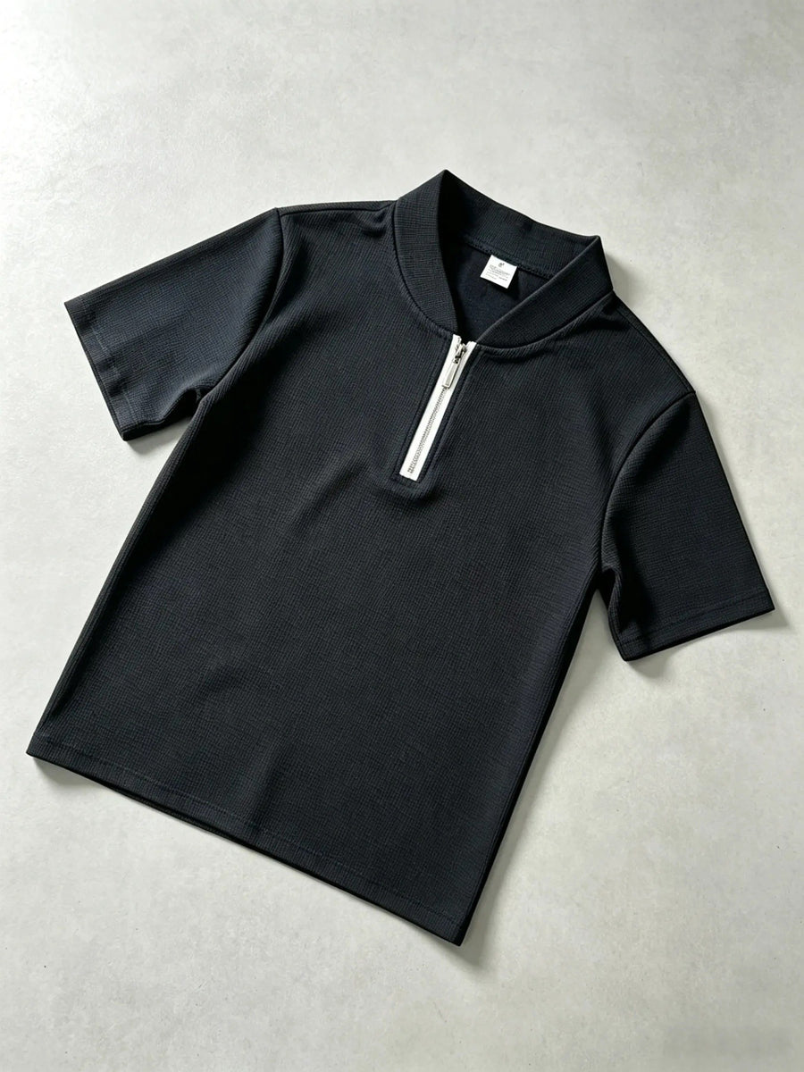 Men's Waffle Texture Half-Zip Stand Collar Top, Chinese Style Hanzi Print Loose Short-Sleeve Casual Vacation Polo Shirt - Black