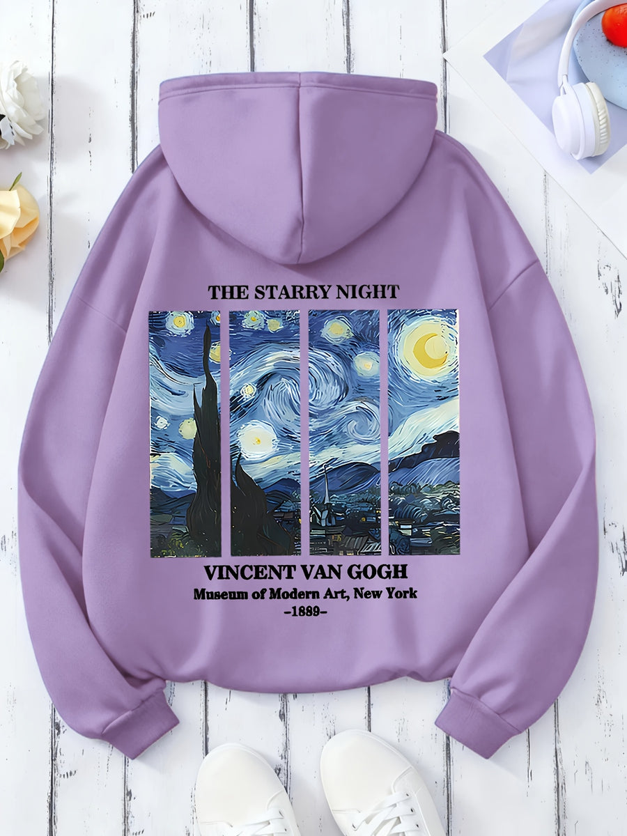 Women'S Autumn Winter All-Match Casual Hooded Sweatshirt, Starry Night Van Gogh Art Print Fashion Comfortable Jacket - Purple