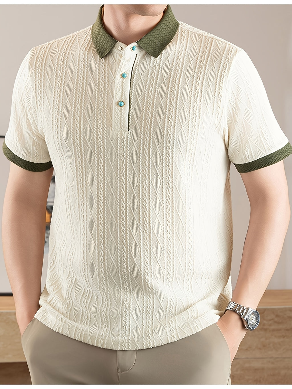 Men's Embossed Jacquard Short-Sleeve Polo Shirt, Available in Multiple Colors, Featuring a Textured, Fine, and Skin-Friendly Fabric with Contrast-Color Lapels. Suitable for Business Commuting, Business Trips, Receiving Guests, Golf, Fishing - Off-white