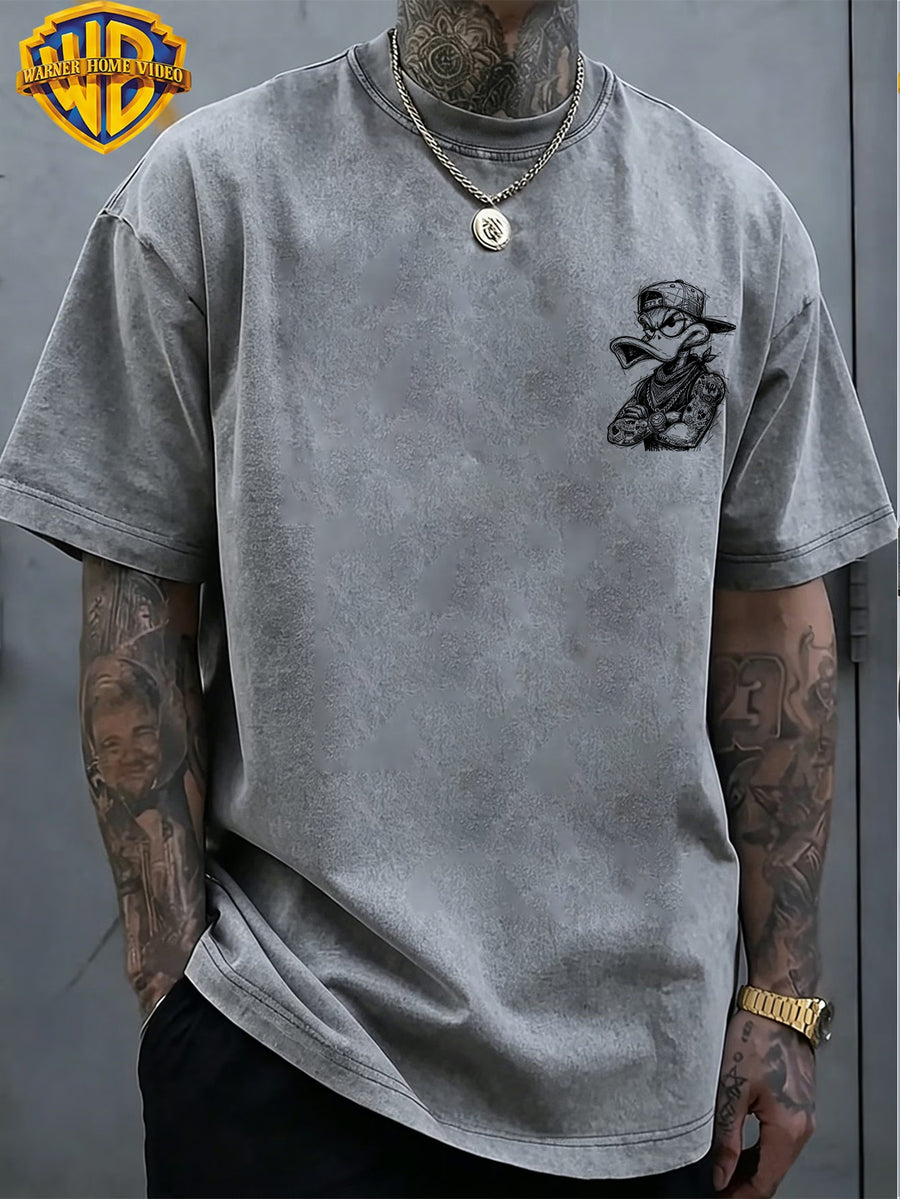 Warner Exclusive Licensing, Printed Design Men'S Summer Loose Round-Neck Commuter Short Sleeve T-Shirt, Suitable for Summer Wear, Ideal for Outdoor Activities, Fitness, Parties, Holidays, Office Wear, And Daily Outfits, Casual Washed T-Shirt - Grey