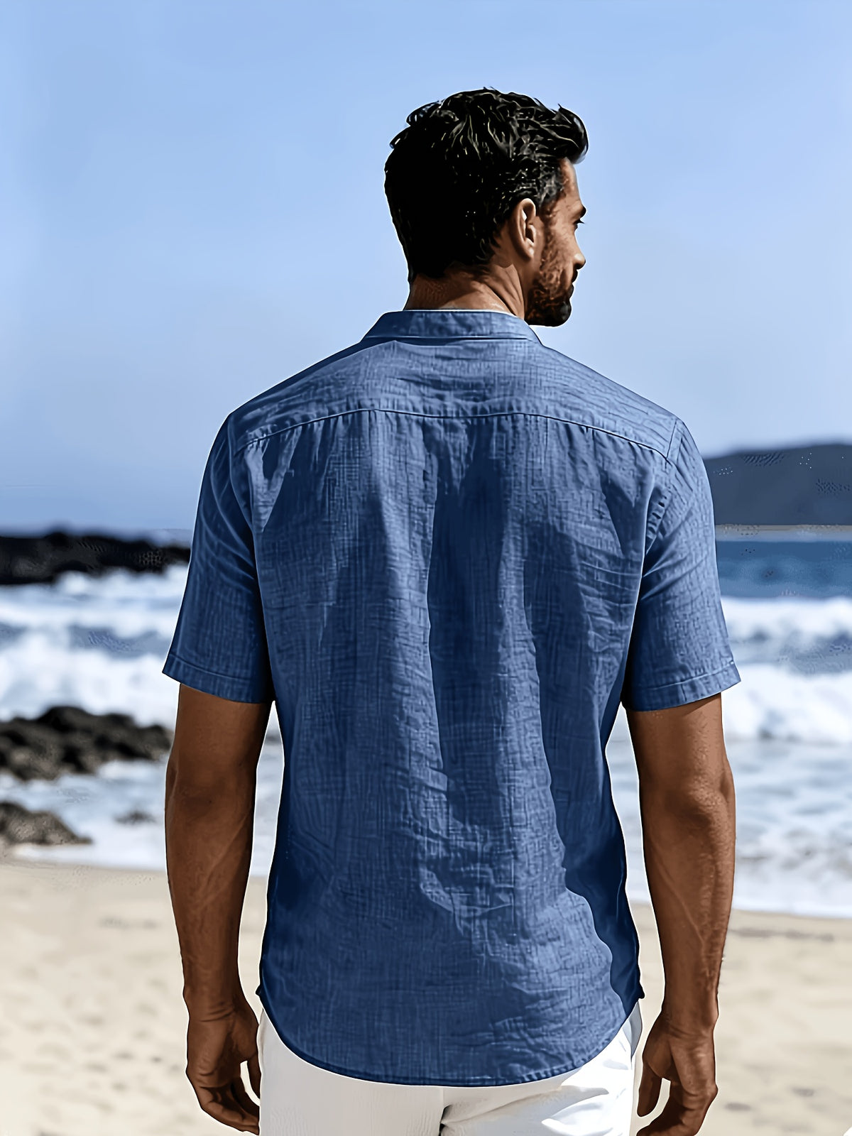 Men's Fashionable Polo Collar Breathable and Comfortable Casual Short-Sleeve Shirt - Navy Color