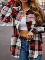 YYZ08 Women's Elegant Casual Plaid Print Long Sleeve Button- Collar Loose Fit Shirt Top - Multicolor Plaid