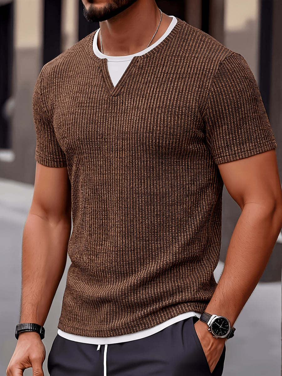 Men'S Fashion Men'S Top, Spring Summer Casual Textured Ribbed Fabric Contrast Color Patchwork Round Neck Short Sleeve Men'S Henley Shirt - Olive Green