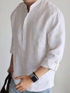 Men's Linen Old Money Style Long-Sleeve Shirt for Commuting, Work, and Protective Pointed Collar Shirt with Buttoned Corners - White