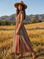 Women's Bohemian V-Neck Maxi Dress with Waist-Cinching & High Slit - Flared Beach Dress Suitable for Vacation, Wedding Guest, Resort Style, Machine Washable Non-Stretch Dress - Red