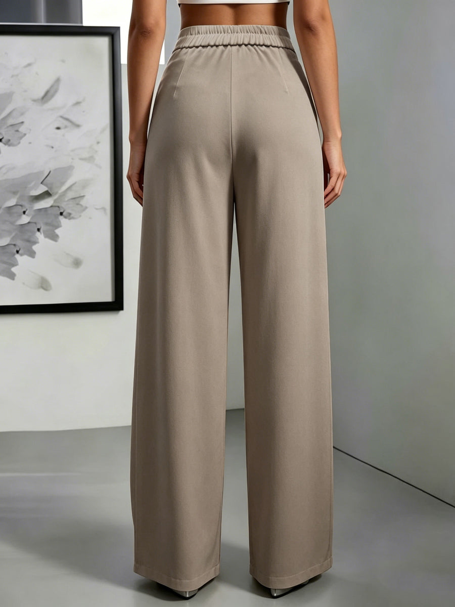 High-Waisted Draped Wide-Leg Pants for Women, Designer Twist Knot Metal Buckle, Elegant Commuter Advanced Feel Long Pants - Khaki