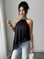 Women'S Fashionable And Sexy Halter Neck Lace Irregular Hem Versatile Top for Casual Outings, Commuting, And Vacations - Black