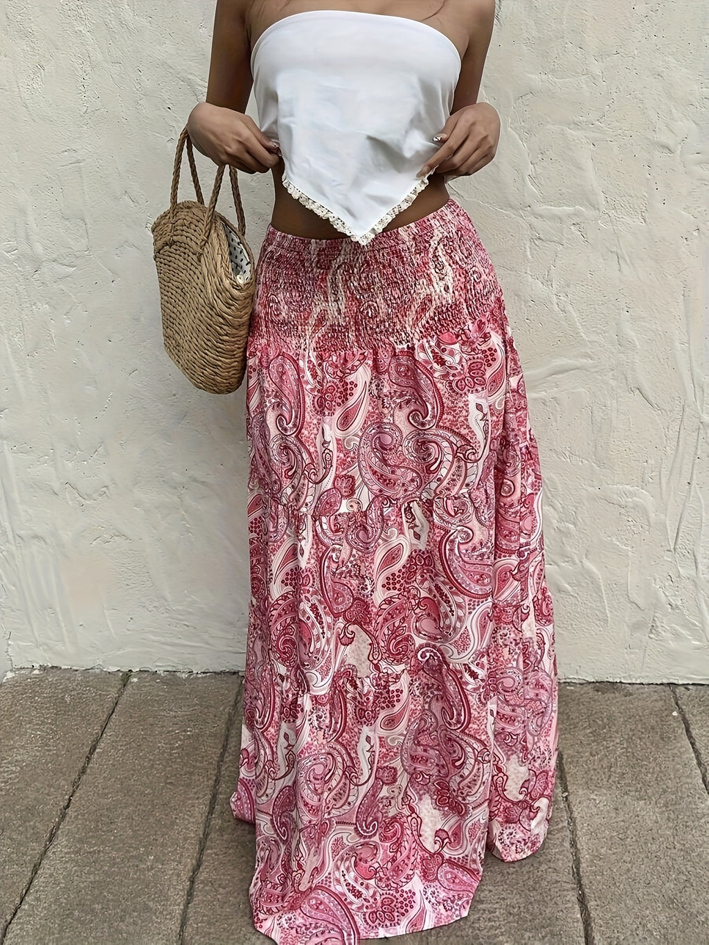 Women'S Bohemian Floral Print Maxi Skirt with Drawstring Waist - A-Line Flowy Skirt for Spring/Summer Vacation & Casual Outfits, Pink & White Floral Pattern, Lightweight Polyester Fabric, Vacation Clothing | Bohemian Style | Lightweight Fabric - Red