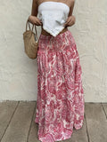 Women'S Bohemian Floral Print Maxi Skirt with Drawstring Waist - A-Line Flowy Skirt for Spring/Summer Vacation & Casual Outfits, Pink & White Floral Pattern, Lightweight Polyester Fabric, Vacation Clothing | Bohemian Style | Lightweight Fabric - Red
