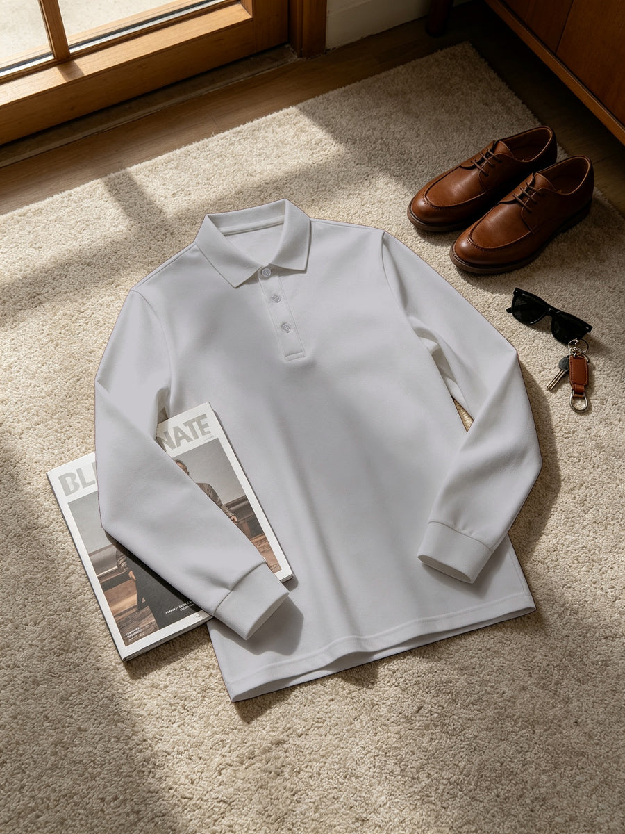 Men'S Long Sleeve Polo Shirt, Solid Color 3-Button Collar Basic Style, High-Density Drapey Wrinkle-Resistant Pearlized Fabric, Home Casual Texture, All-Season Versatile Collar Top for Daily Commute - Grey