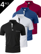 [Josh May OBM] 4pcs Set, Solid Color Stand-Up Collar Henley Shirts, Breathable Quick-Dry Casual Shirts, Lightweight Stretch, No Ironing Required, Durable And Wearable, Button-Up Design, Suitable for Summer Office, Yacht Wear, Casual Attire - Black+White+Sea Blue+Wine Red