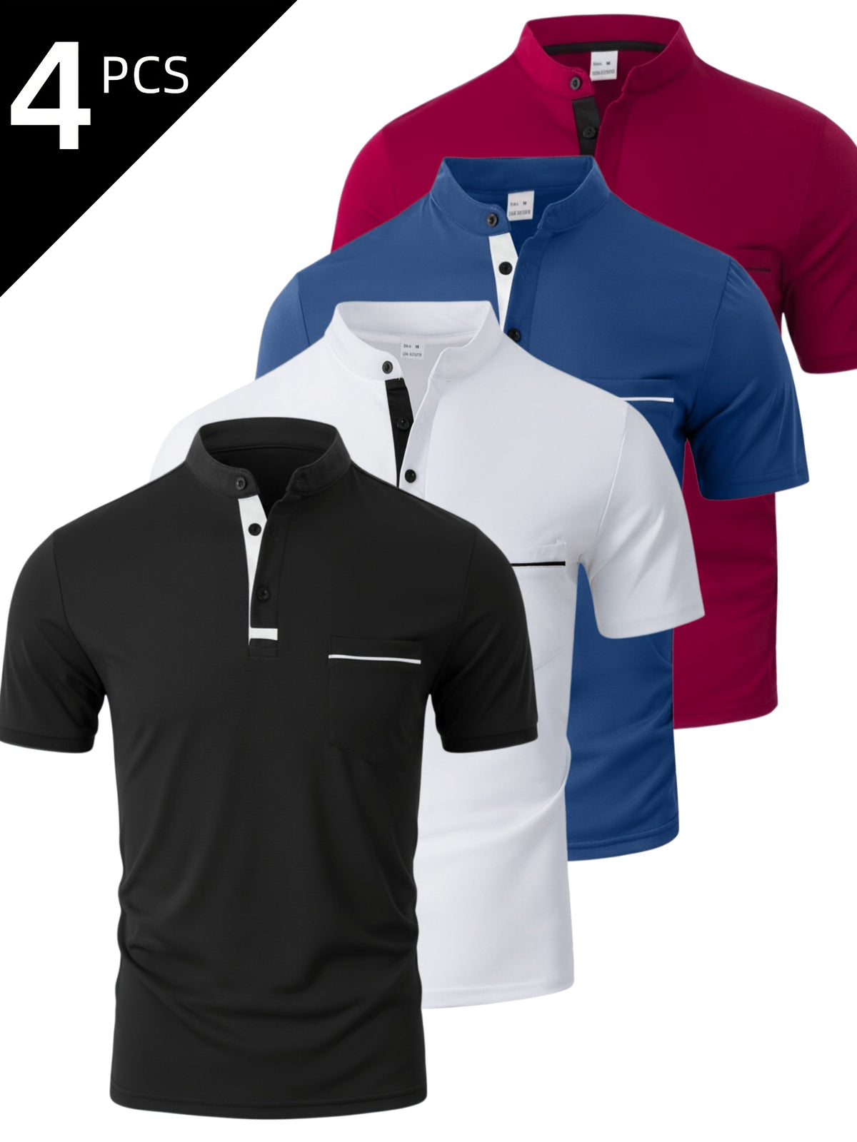 [Josh May OBM] 4pcs Set, Solid Color Stand-Up Collar Henley Shirts, Breathable Quick-Dry Casual Shirts, Lightweight Stretch, No Ironing Required, Durable And Wearable, Button-Up Design, Suitable for Summer Office, Yacht Wear, Casual Attire - Black+White+Sea Blue+Wine Red