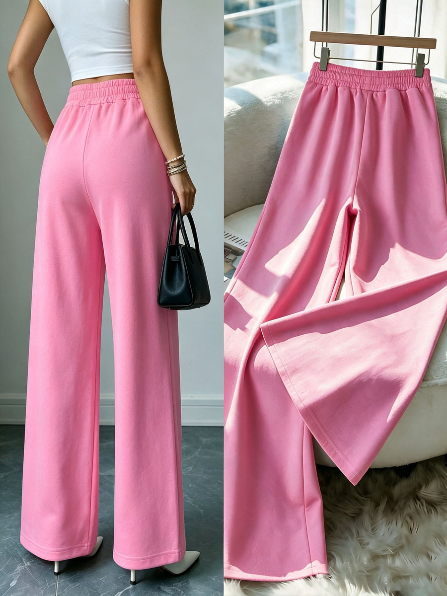Women'S Casual Warm Straight-Leg Trousers, Adorned with a Golden Mythical Pegasus Emblem Print, High-Waist Drawstring Casual Autumn And Winter Pants - Pink Color