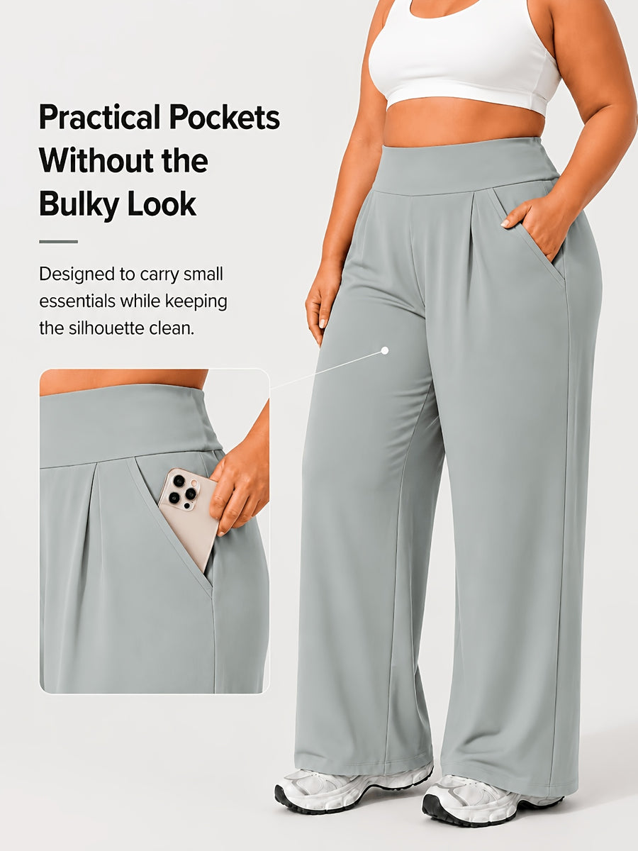 Plus Size Women'S High-Waist Wide-Leg for yoga Pants 0XL-4XL Tummy Control Non-Roll Non-Digging Front Pleated Deep Side Pockets Double-Sided Super Soft 4-Way Stretch Casual Sports Trousers for Yoga Gym Outdoor Work All Seasons - Medium Gray