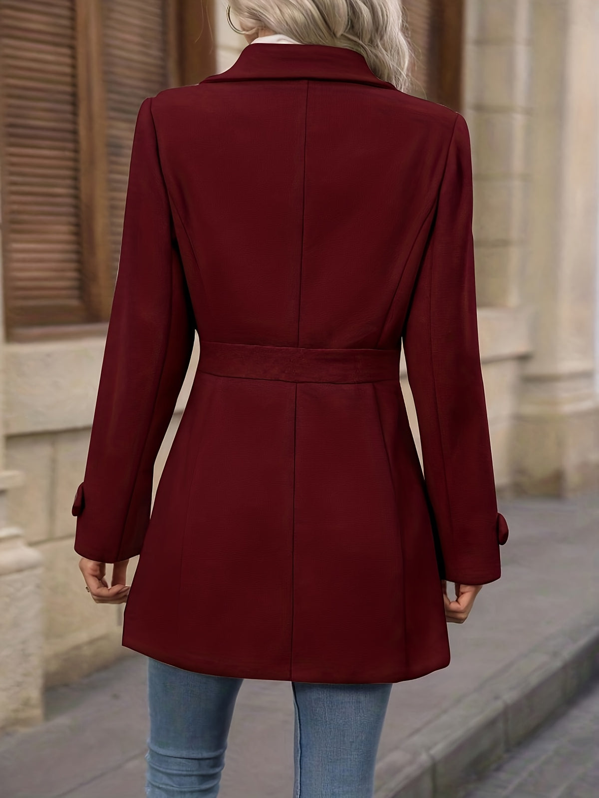 Elegant Women's Fashion Tweed Coat, Stylish Waist-Cinching Mid-Length Solid Color New Autumn/Winter Overcoat - Burgundy