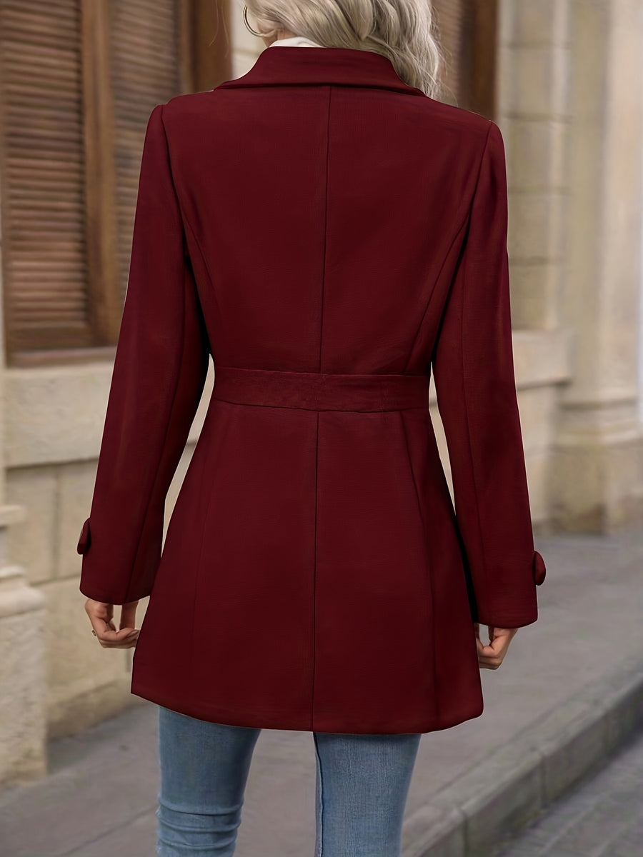 Elegant Women's Fashion Tweed Coat, Stylish Waist-Cinching Mid-Length Solid Color New Autumn/Winter Overcoat - Burgundy