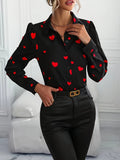 Fortune-Attracting Targeted Love Heart Print Slim-Fit Long Sleeve Shirt - Black