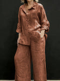 Elegant Women'S Casual Cardigan Solid Shirt Pants Set - Loess Ochre