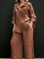 Elegant Women'S Casual Cardigan Solid Shirt Pants Set - Loess Ochre