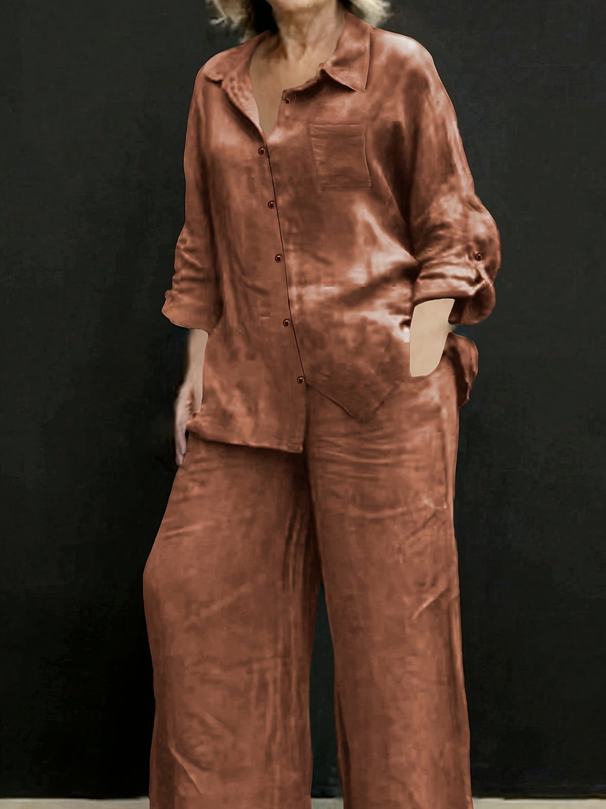 Elegant Women'S Casual Cardigan Solid Shirt Pants Set - Loess Ochre