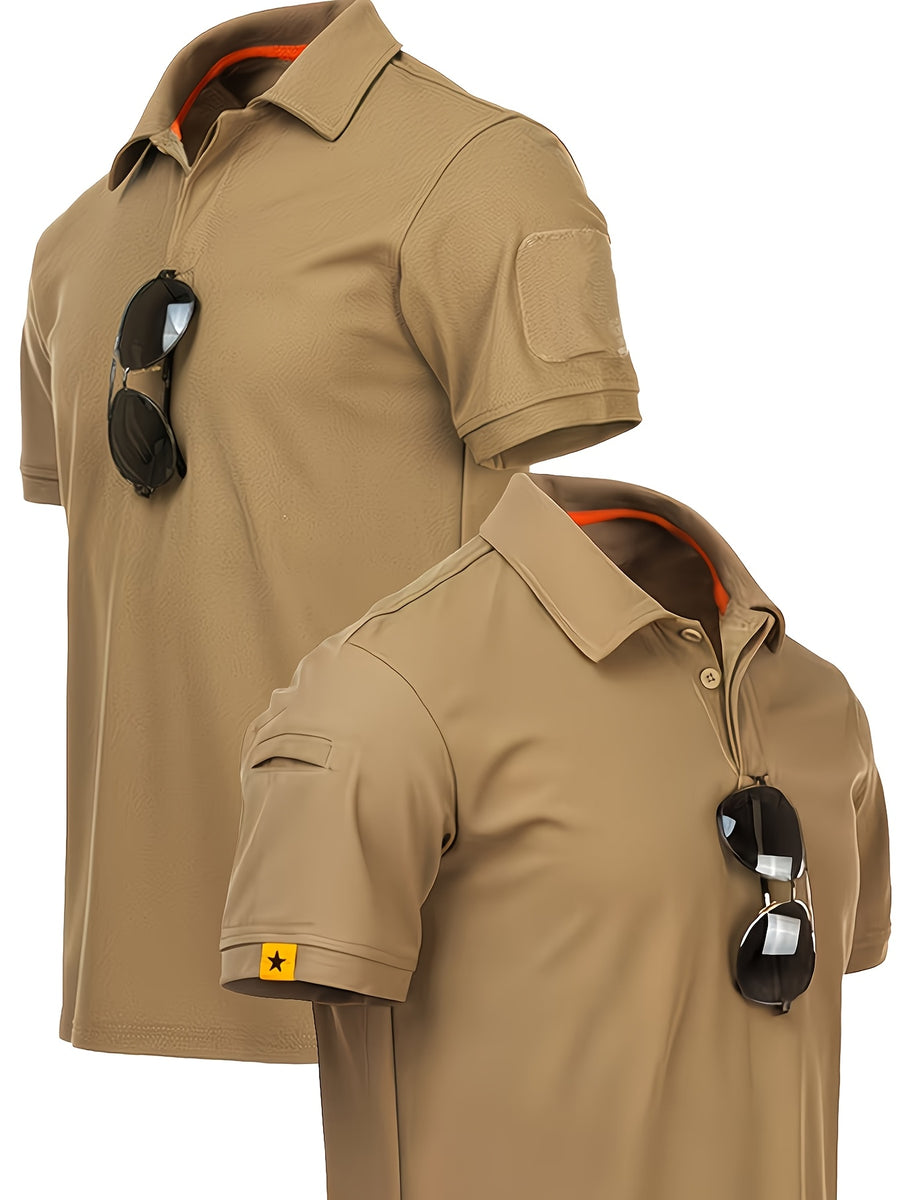 2pcs Summer Quick-Dry Lightweight Breathable Men'S Short Sleeve Loose T-Shirt Breathable Lapel T-Shirt Outdoor Riding Casual Short Sleeve Top, Additions Not Included - Black Khaki